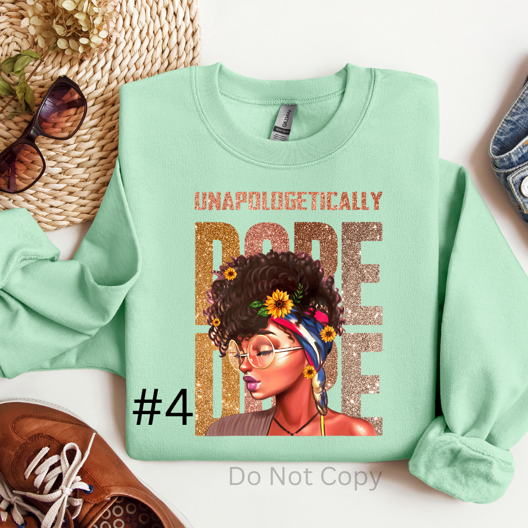 Unapologetically Dope DTF (direct to film) Print Girl with Head Wrap & Glasses Front Side