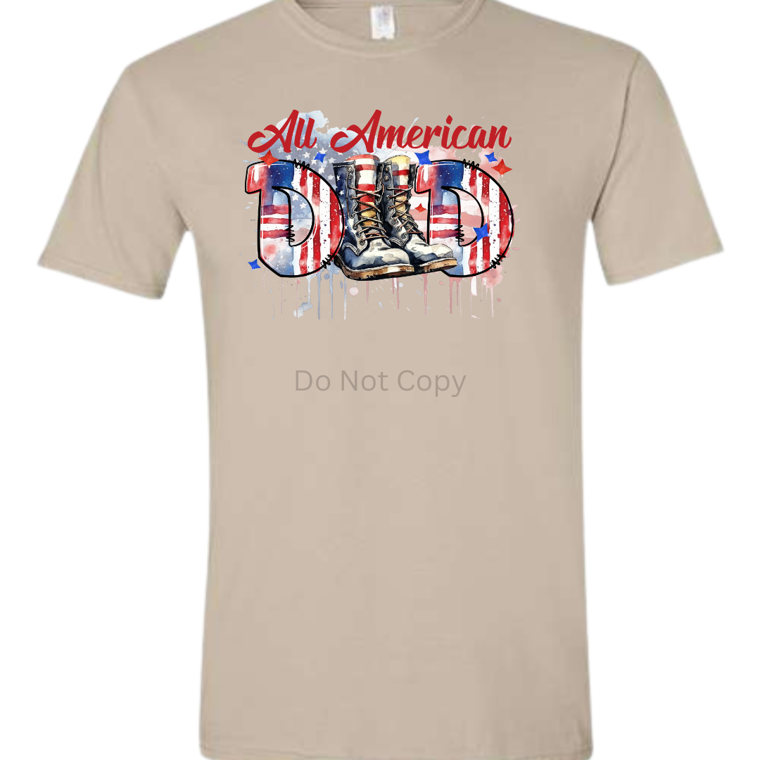 All American Dad DTF Transfer on a tshirt