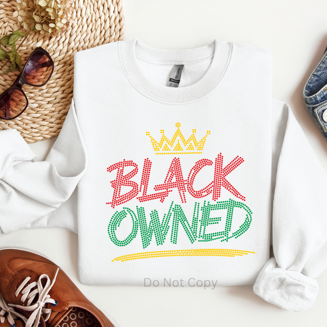 Black Owned Rhinestone Transfer on a tshirt front side