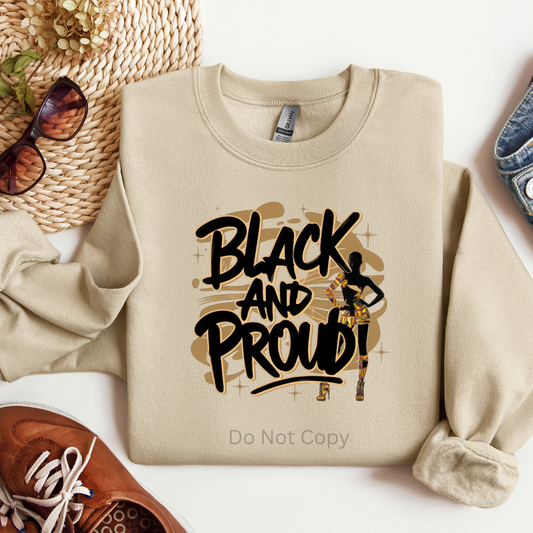 Black & Proud Direct To Film Transfer on a tshirt