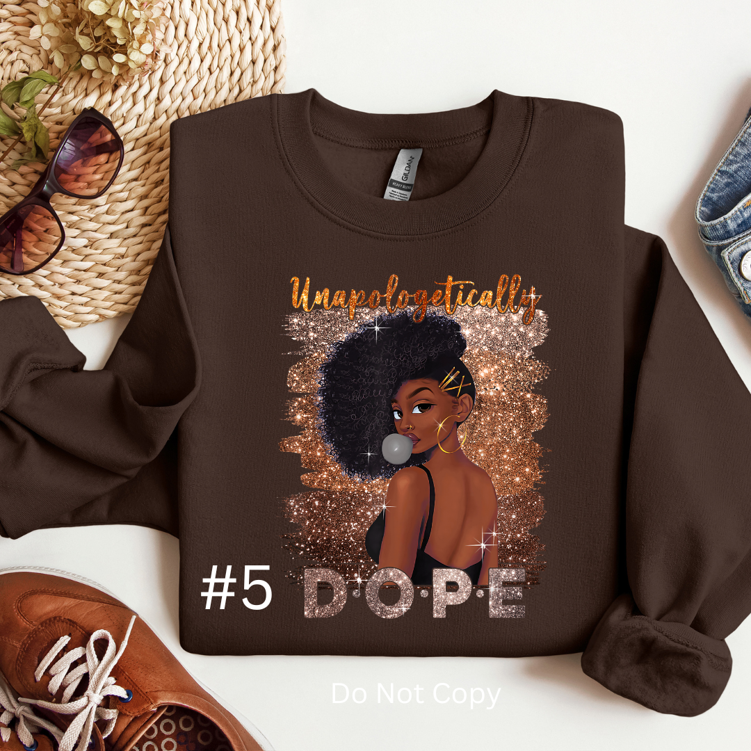 Unapologetically Dope DTF (direct to film) Print Girl with Afro & Blowing Bubbles Front Side