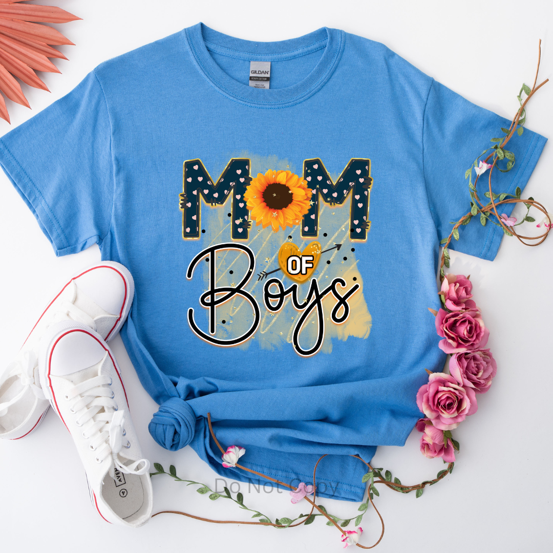 Mom of Boys DTF (direct to film) print on a tshirt