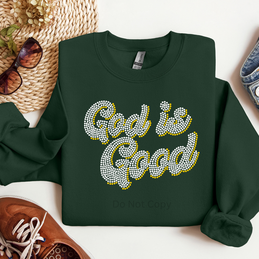 God Is Good Rhinestone Transfer on a tshirt