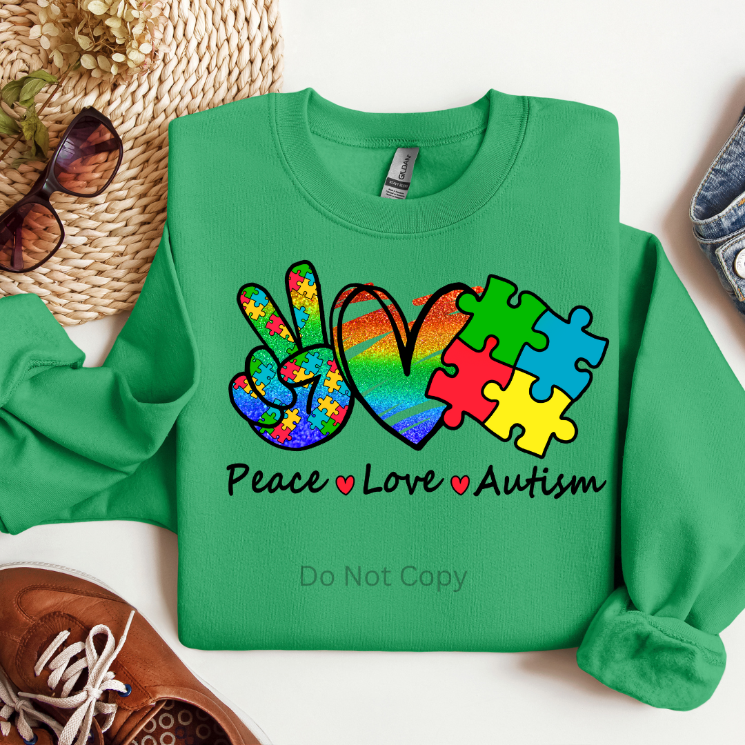 Peace Love Autism DTF (direct to film) Transfer on a Tshirt