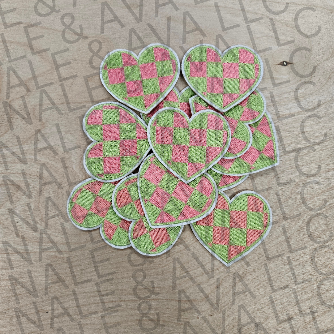Pink Green Checkered Heart Hat Patch front side