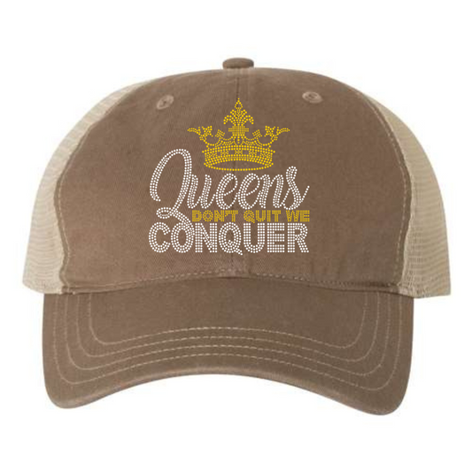 Queens Don't Quit We Conquer Rhinestone Patch on a hat