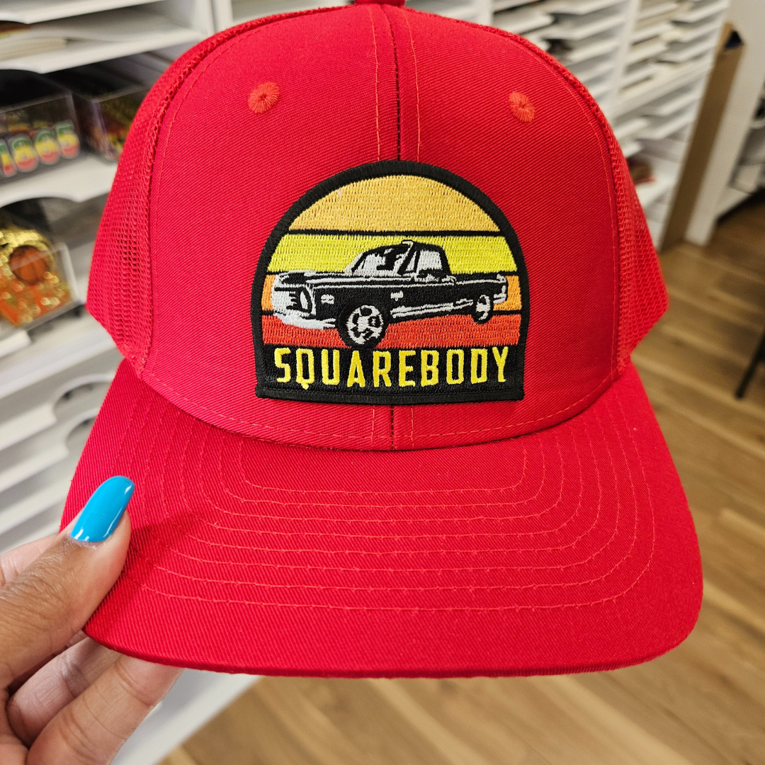 Square Body Hat Patch on a trucker hat