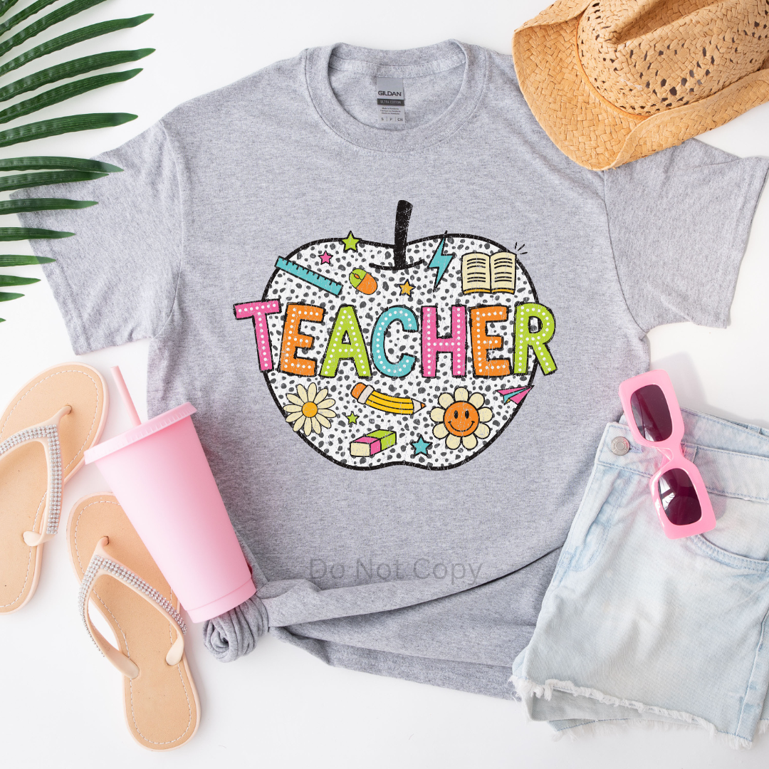 Teacher Apple DTF Transfer on a tshirt